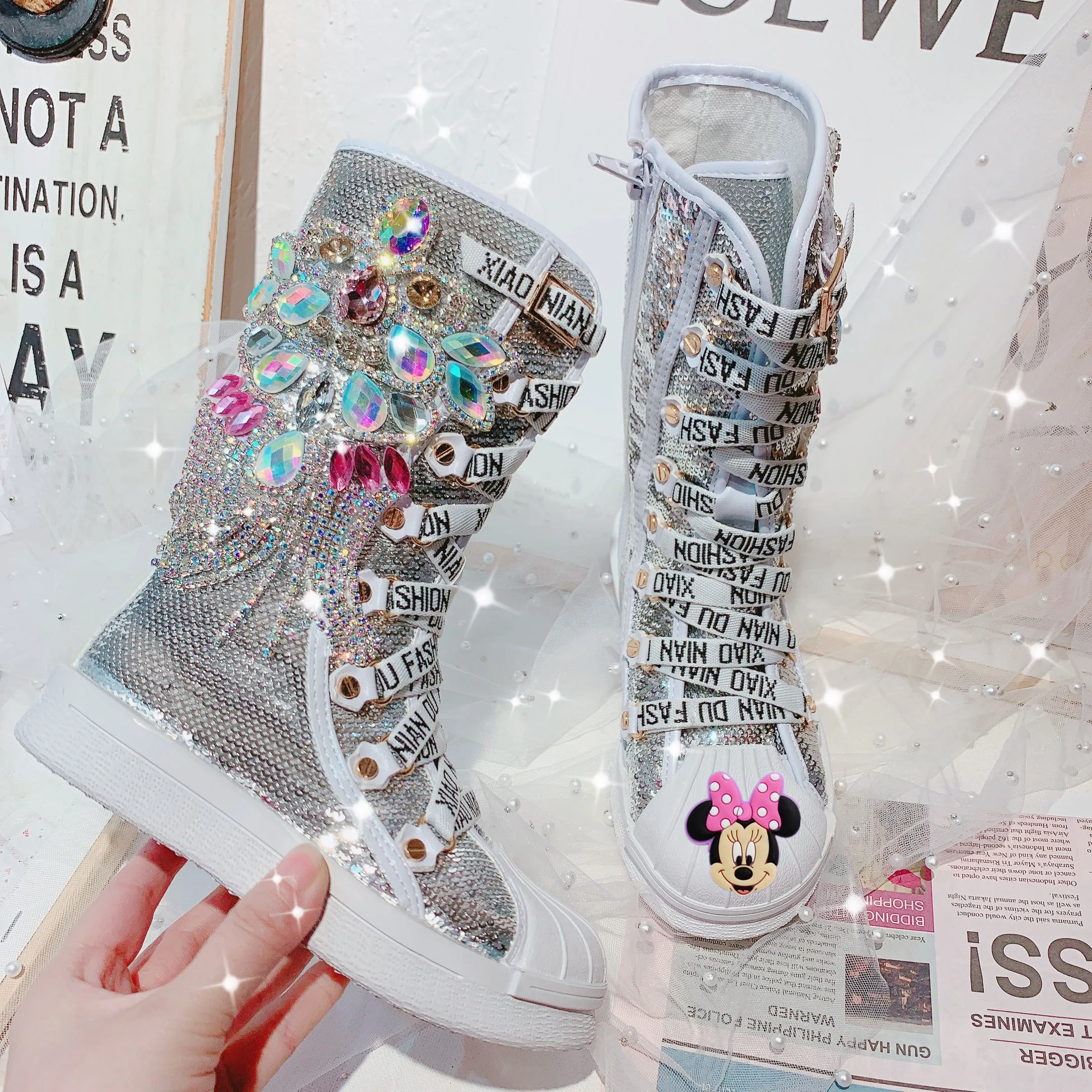 Детские длинные Сапоги Disney с изображением принцессы Минни стразы для танцев и
