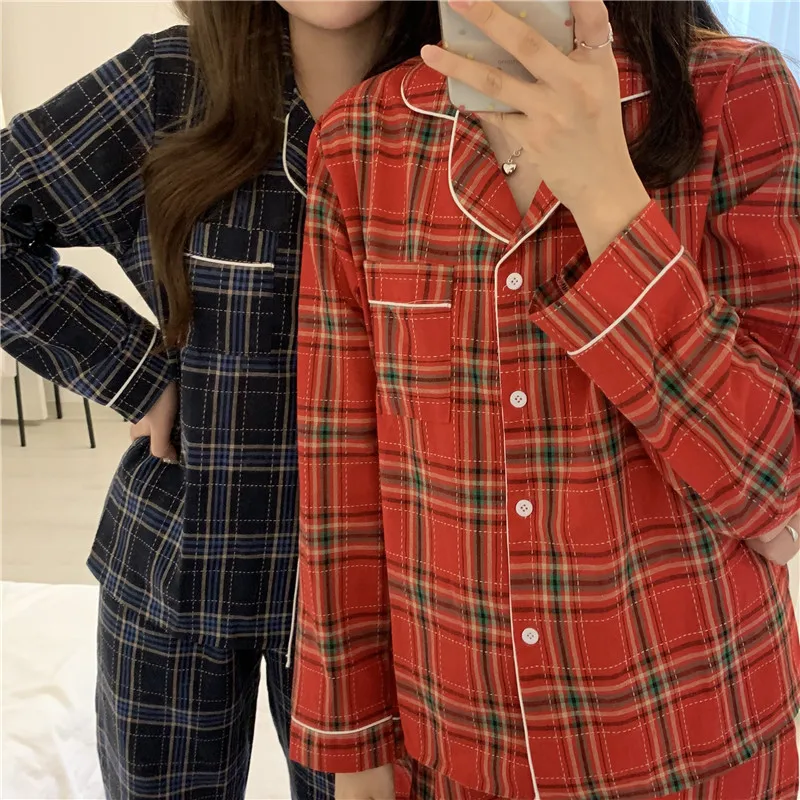 

red/blue/yellow plaid pajamas sets for women long-sleeved korean casual lapel two piece set homewear home suits