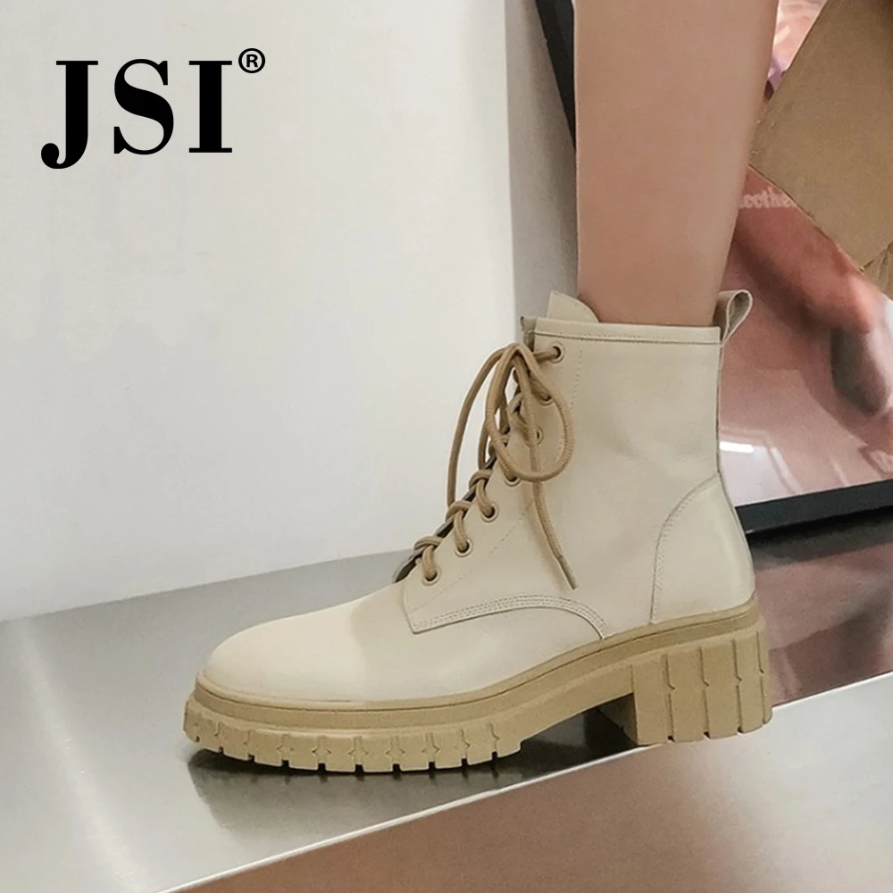 JSI Mid-calf Martin beige Boots Winter Woman Genuine Leather Low Heel Platform Ladies solid Pattern Cross-tied Shoes JO596 | Обувь