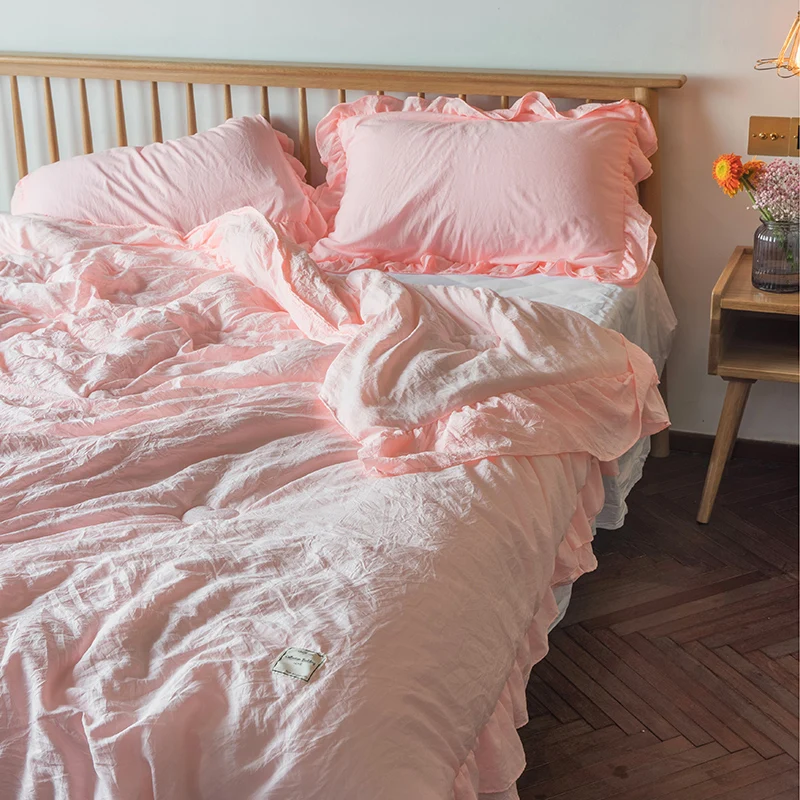 

Summer Quilts Lotus Leaf Lace Design Summer Blanket 4pcs Set Summer Air Condition Quilts Duvet Bed Linens Washed Cotton Blankets