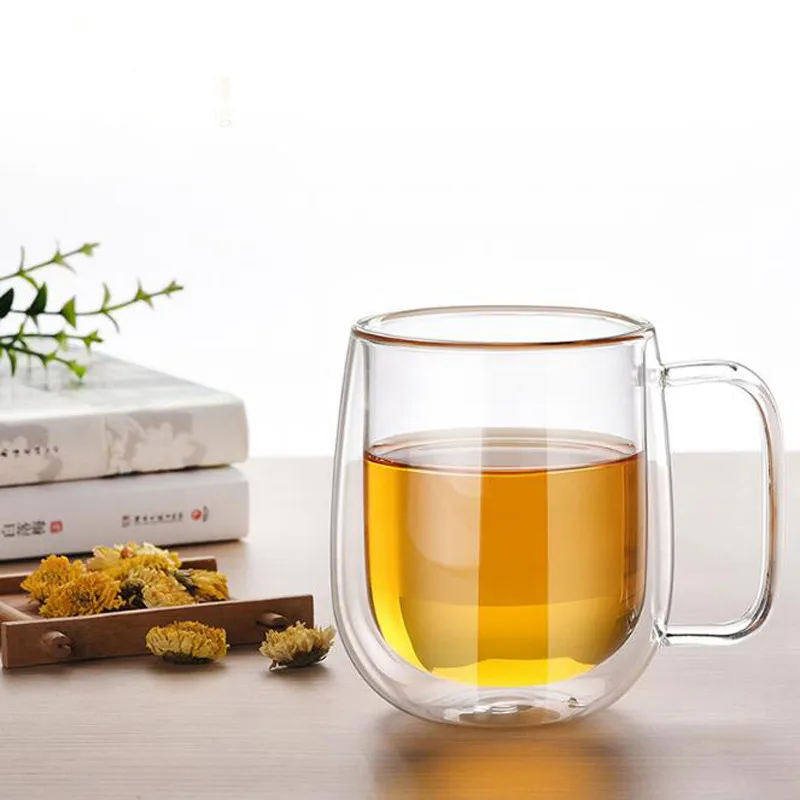 

1pc Lead-free Double Wall Handmade Glass With Handle Heat Resistant Milk Drink Cup Insulated Clear Tea Coffee Drinkware