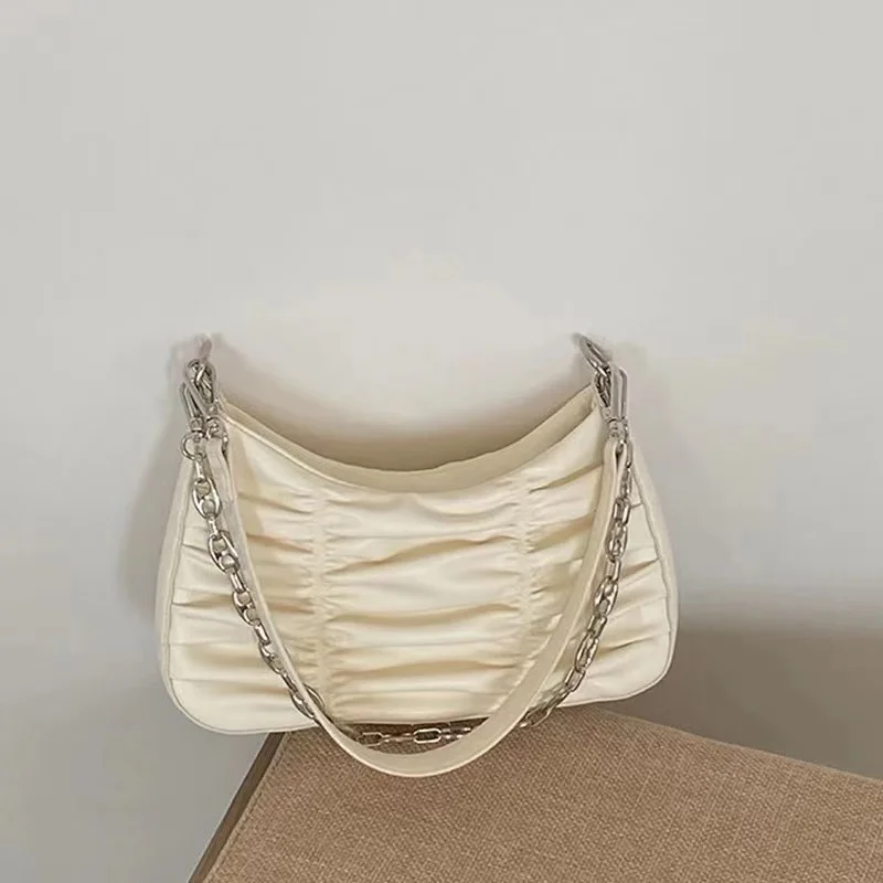 

2021 Trendy Chains Baguette Bag Women PU leather Armpit Bag Designer Crossbody Bag Fashion Shoulder Bag Pleated Handbag