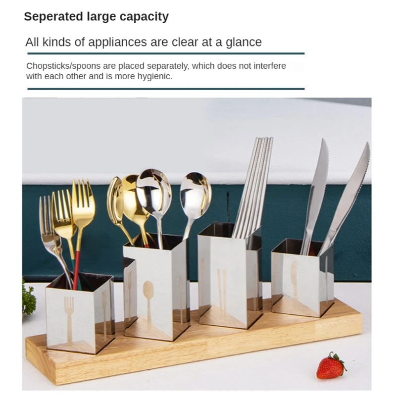 

Silverware Holder Flatware Caddy Drain Rack Utensil Organizer with Wooden Base