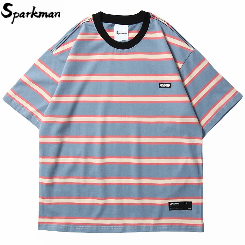 Hip Hop T Shirt Men 2020 Streetwear Harajuku Stripe Tshirt Short Sleeve Cotton HipHop T-Shirt Loose Fashion Tops Tees Green Blue | Мужская