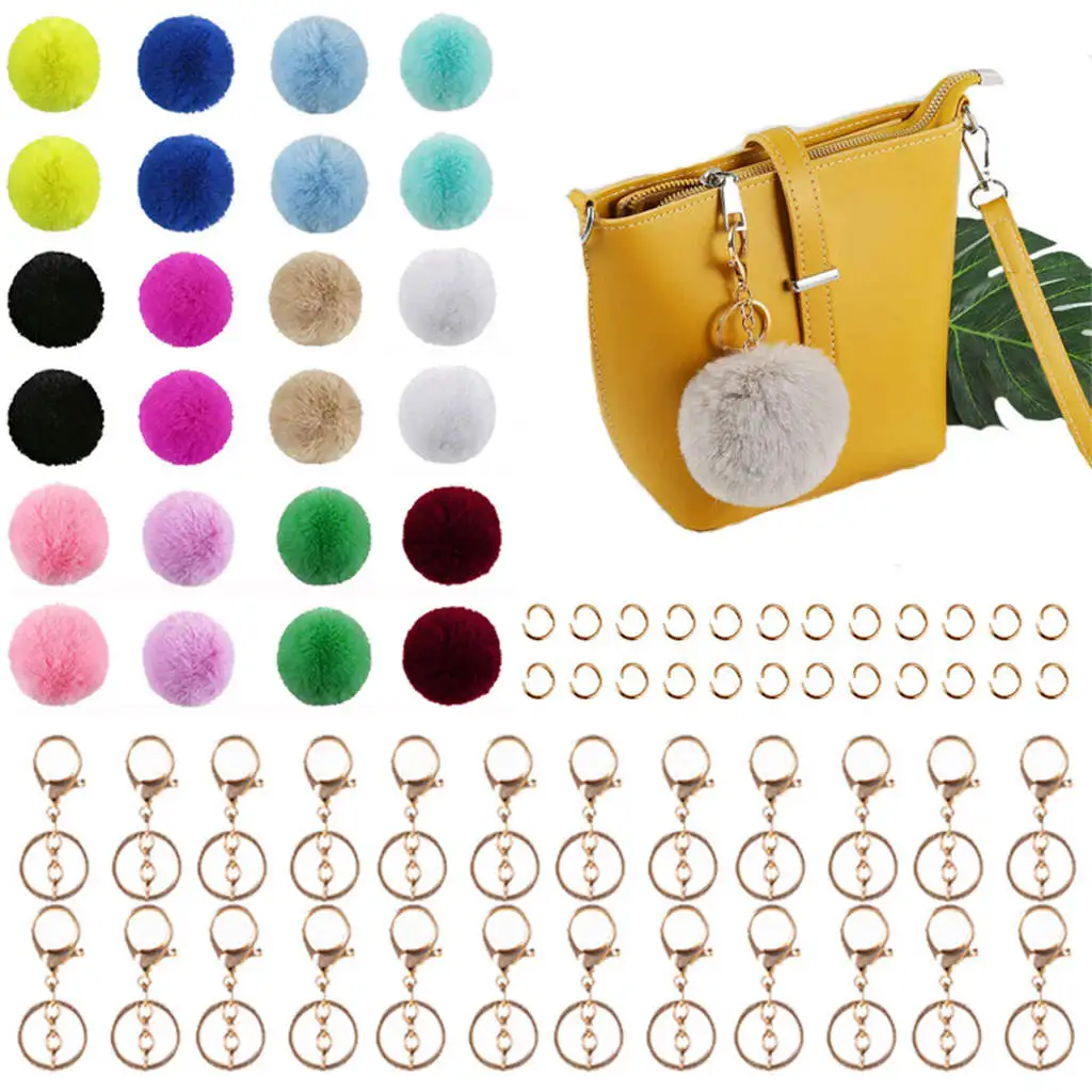 72x Soft Pompom Ball Keychain Kit Keyrings Hanging Key Holder Plush Charm 6cm for Key Chain Decor Hats Cell Phone Girls Ladies