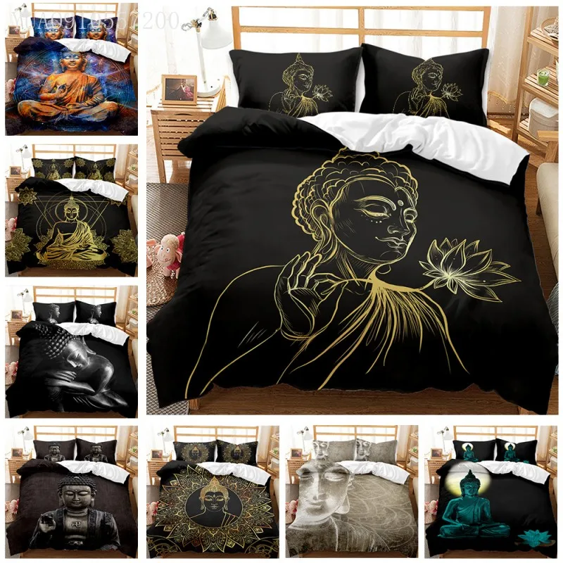 

Роскошный комплект постельного белья с 3d рисунком Будды, комплект с пододеяльником, наволочкой, двуспальный, Королевский размер, покрывало,...