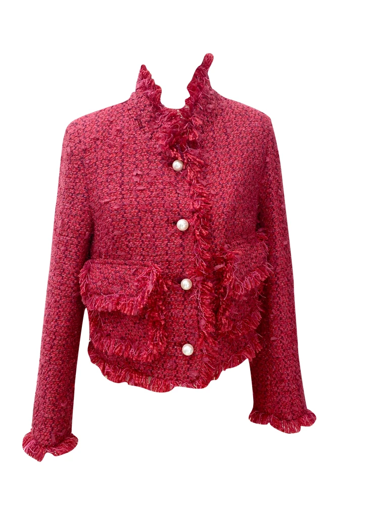 

Red celebrity temperament top women's autumn winter 2021 new single row pearl button tassel woven tweed jacket