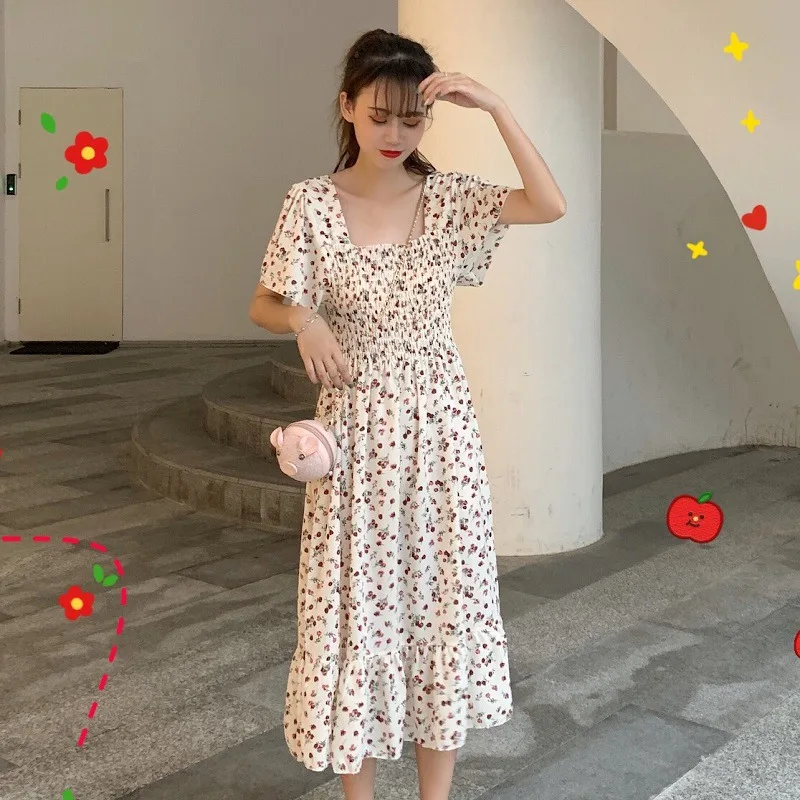 

Floral Dress Boho Puff Sleeve Square Neck Dress Women Vintage Summer Beach Dresses 2021 Korean Kawaii Ruffle Clothes Vestidos