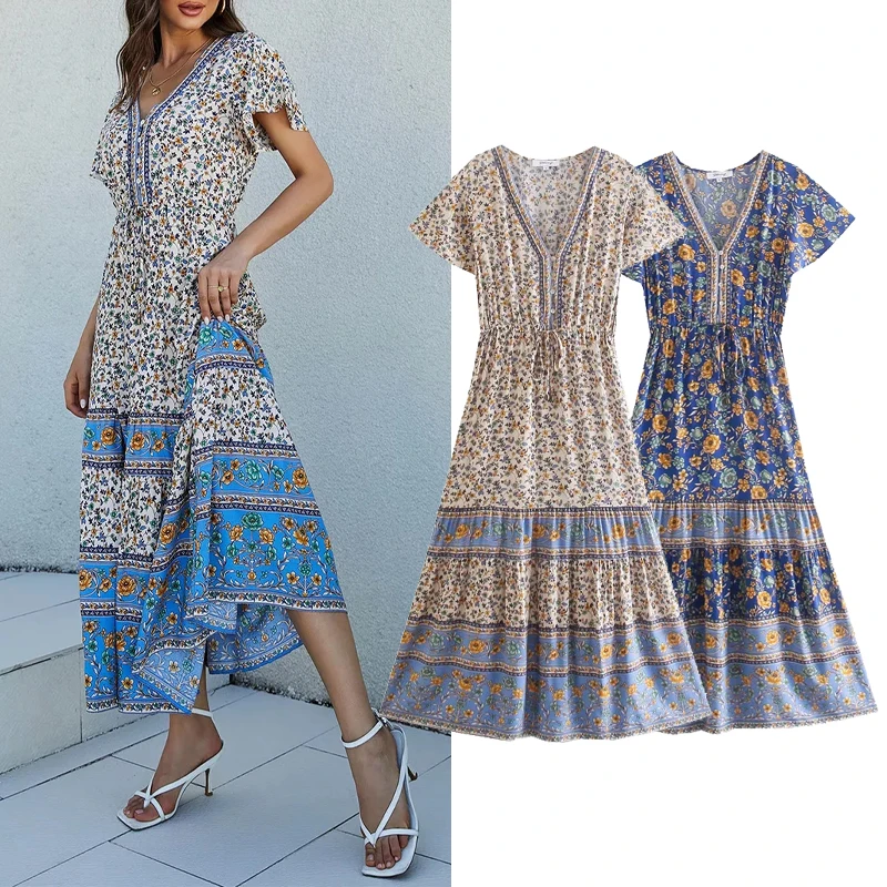 

Платье-миди женское осеннее с V-образным вырезом и коротким рукавом