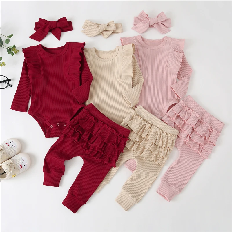 Фото - 3Pcs Baby Girl Outfit Set Newborn Toddler Girls Clothes Ruffle Flower Print Long Sleeve Romper Bodysuit +Pants+Headband Infant infant baby girl cotton print clothes newborn letter print long sleeve leopard pants headband set 3pcs toddler clothing outfits