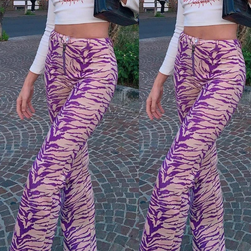 

Women High Waist Zipper Straight Pants Vintage Casual Loose Streetwear Zebra Stripe Printed Trousers M7DD