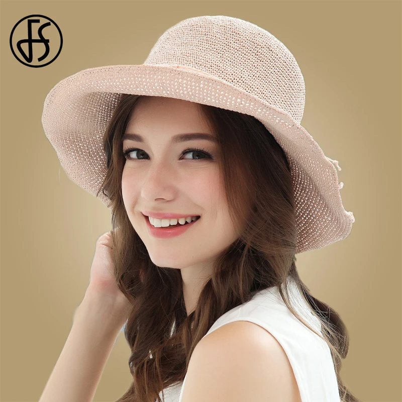 Женская Соломенная шляпка от солнца FS бежевая пляжная с широкими полями