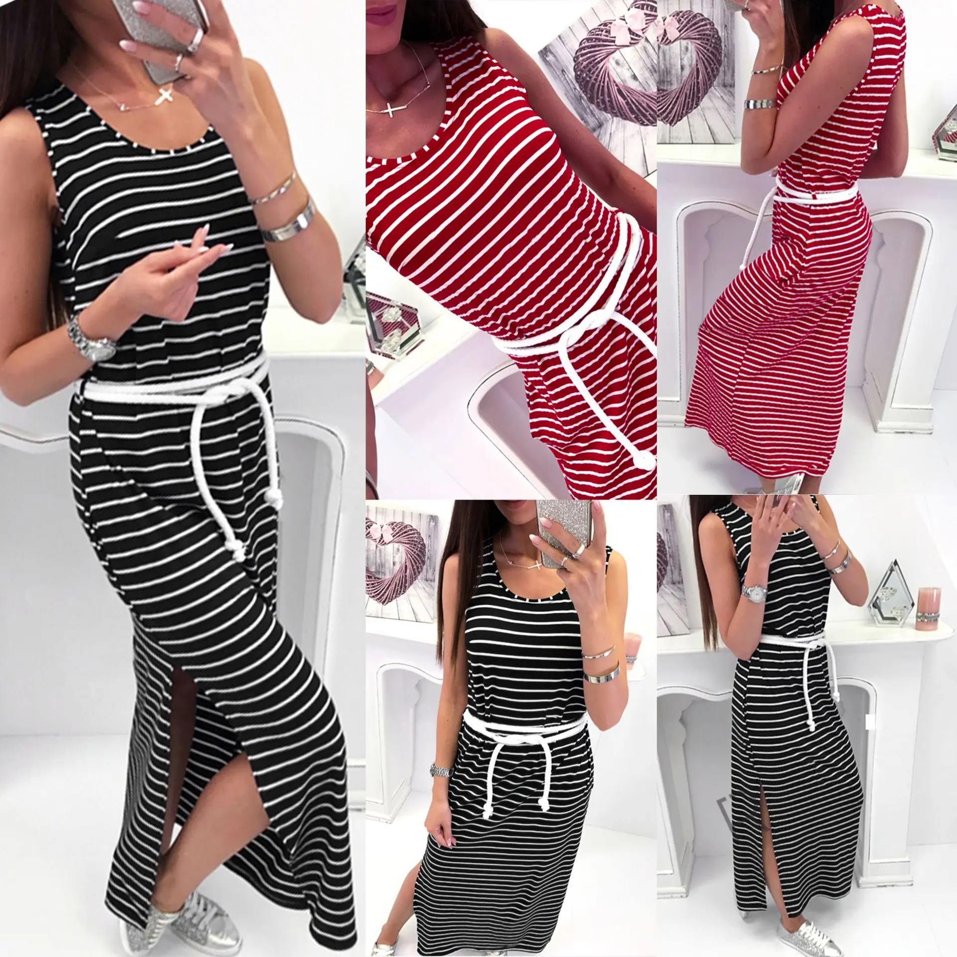 2019 модное повседневное женское длинное платье в черную и красную полоску