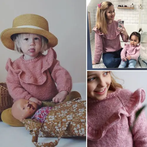Новый осенний розовый вязаный свитер для маленьких девочек с рюшами теплый