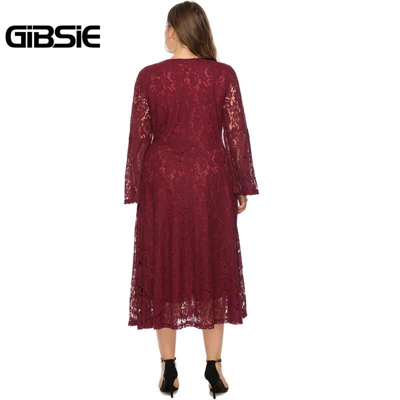 Женское длинное кружевное платье GIBSIE Бордовое с запахом и v образным вырезом