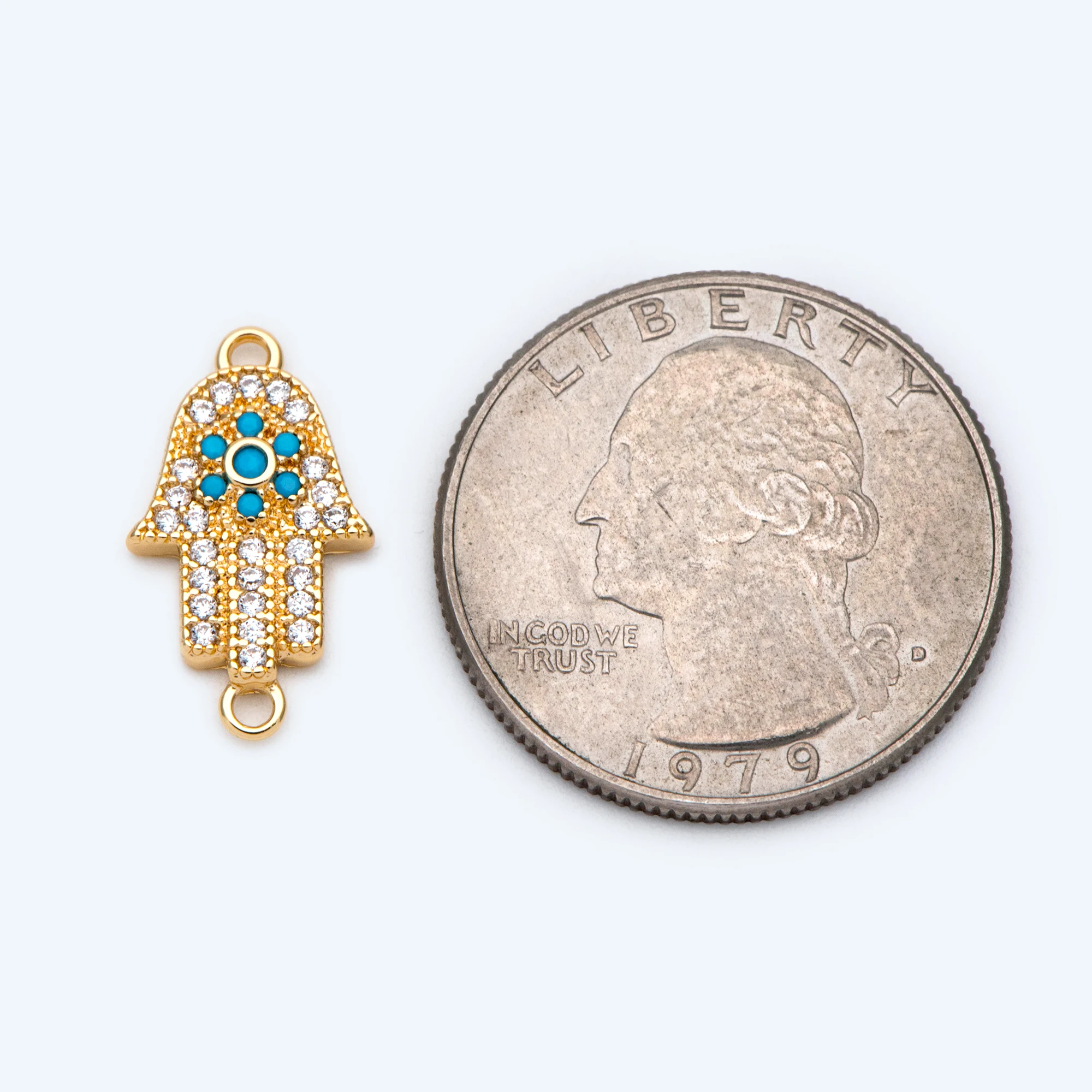 

4pcs Micro Pave Fatima Hand Charms, Hamsa Hand Connectors 18mm, Cubic Zirconia Paved Gold Pendants (GB-447)