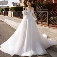 eightree long puff sleeve a line wedding dresses sweetheart lace appliques bridal dress backless straps vestidos de novia
