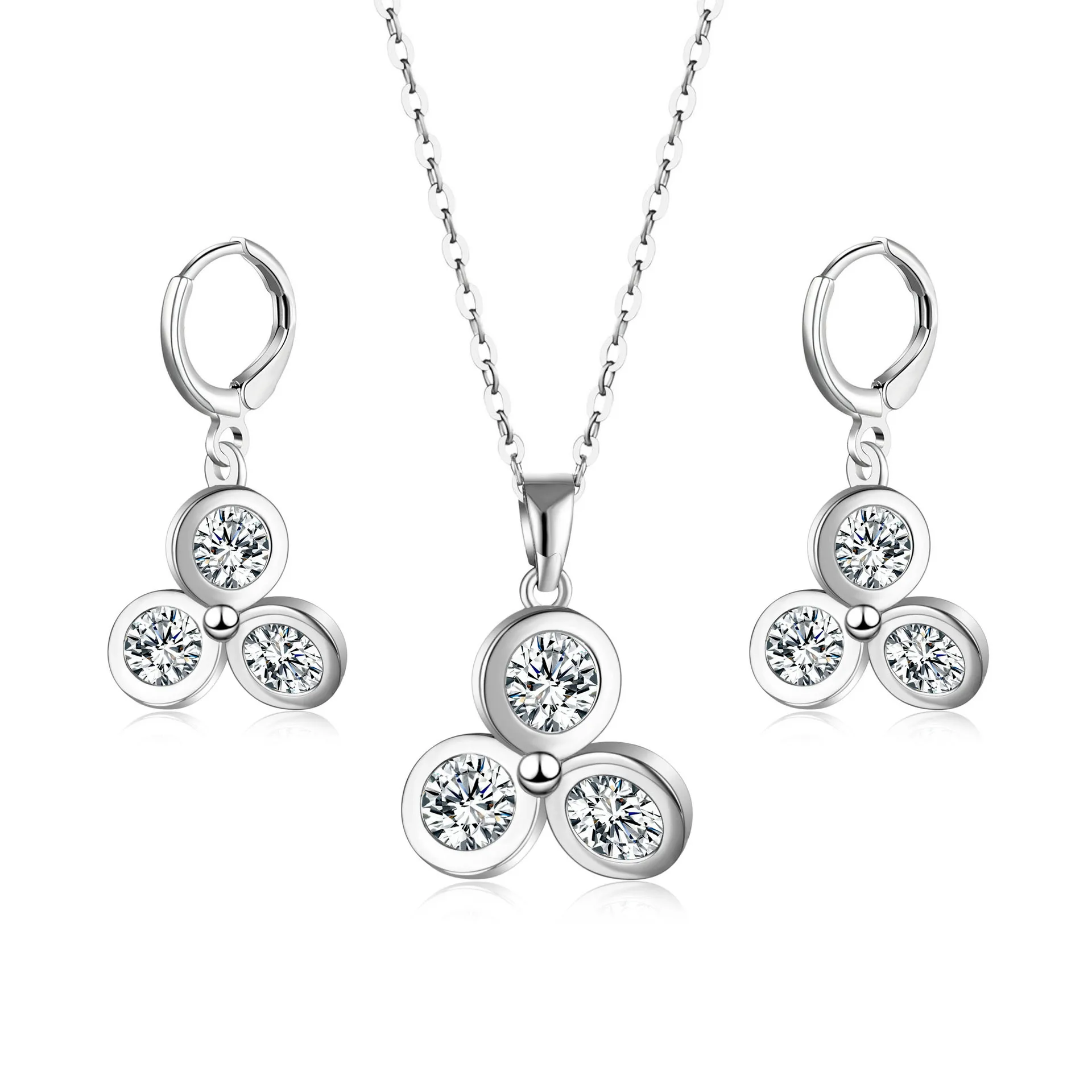 

Korean Fresh Design Three Wheel Round Pendant Necklace Hoop Earrings Sets For Girl Women Wedding Bridal Silver Jewelry Sets