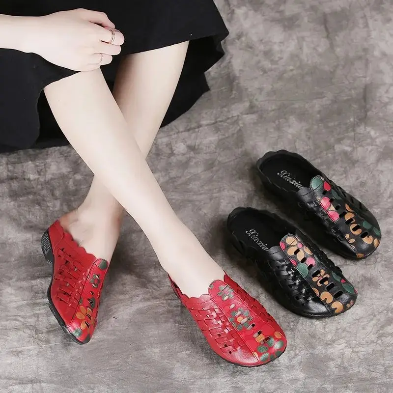 Женские кожаные полутапочки без пятки с мягкой подошвой Новинка лета 2021 плетеные