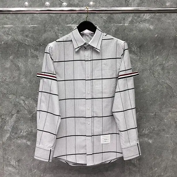 

TB THOM BULUO Fashion Brand Shirts Men Slim Long Sleeve Casual Plaid Shirt Turn Down Collar Oxford Cotton Striped Men's Clothing