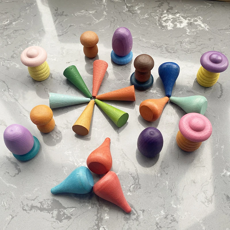 27pcs Creative Wooden Rainbow Blocks Mushrooms Honeycomb Droplets Tree Cones for Children Kids Natural Toys Gifts | Игрушки и хобби