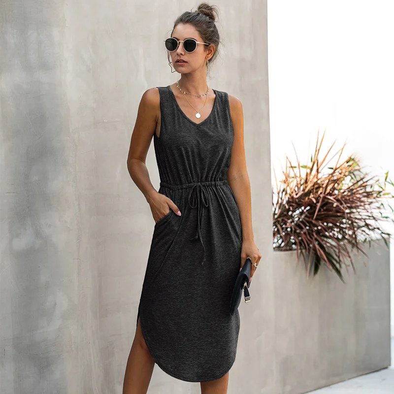 

Women 2021 New Loose Sleeveless O Neck Streetwear Spaghetti Strap Dress Summer Ladies Elegant Solid Lace Up Dress
