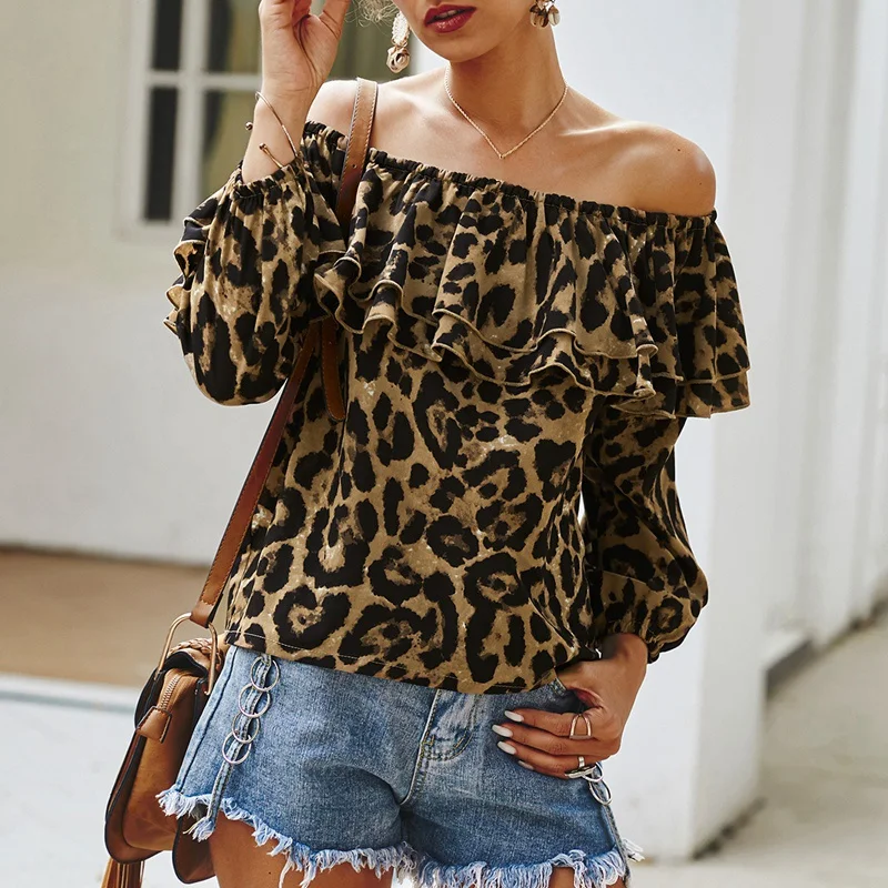 

Women Beach Bohemian Tops Leopard Print Off The Shoulder Ruffle Long Sleeve Blouse Khaki Size L