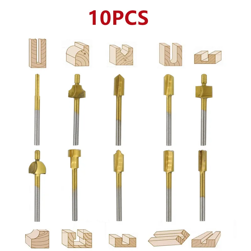 10PCS/SET Woodworking Milling Cutter Titanium-plated HSS  Electric Trimming Machine Engraving Machine Milling Groove cutter