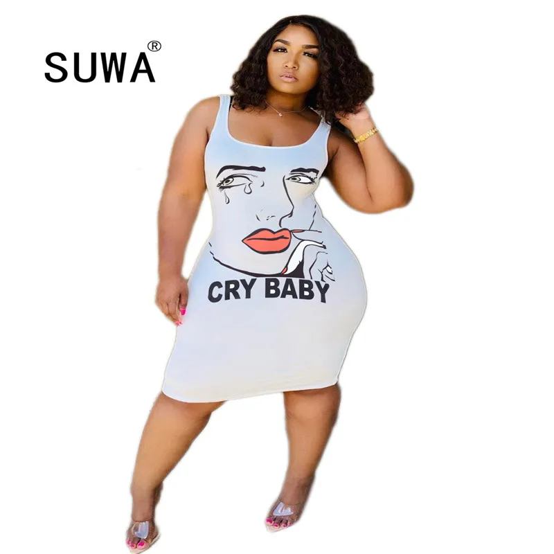 

2020 new product face printed high street fashion dress for women clothing 2020 summer bodycon knee length dresses party night