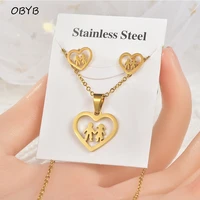 new love heart couples stainless steel pendant necklace sets for women gold color chain necklace earrings jewelry gifts
