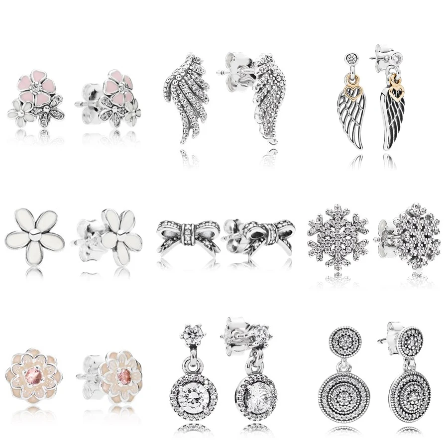 

NEW 100% 925 Sterling Silver Poetic Cherry Blooms Flower Earring Love &Guidance Feather Stud Earrings Fit Women DIY Jewelry