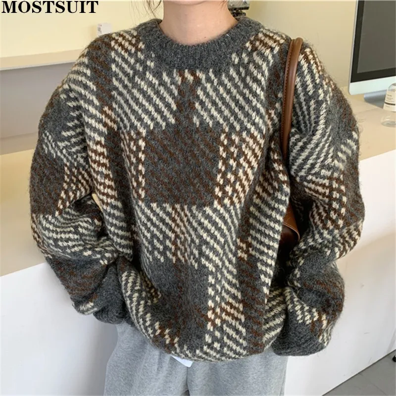 

Vintage Loose Knitted Tops Pullover Sweater Women Autumn Winter Thicken Warm Christmas Jumpers Full Sleeve O-neck Tops 2021