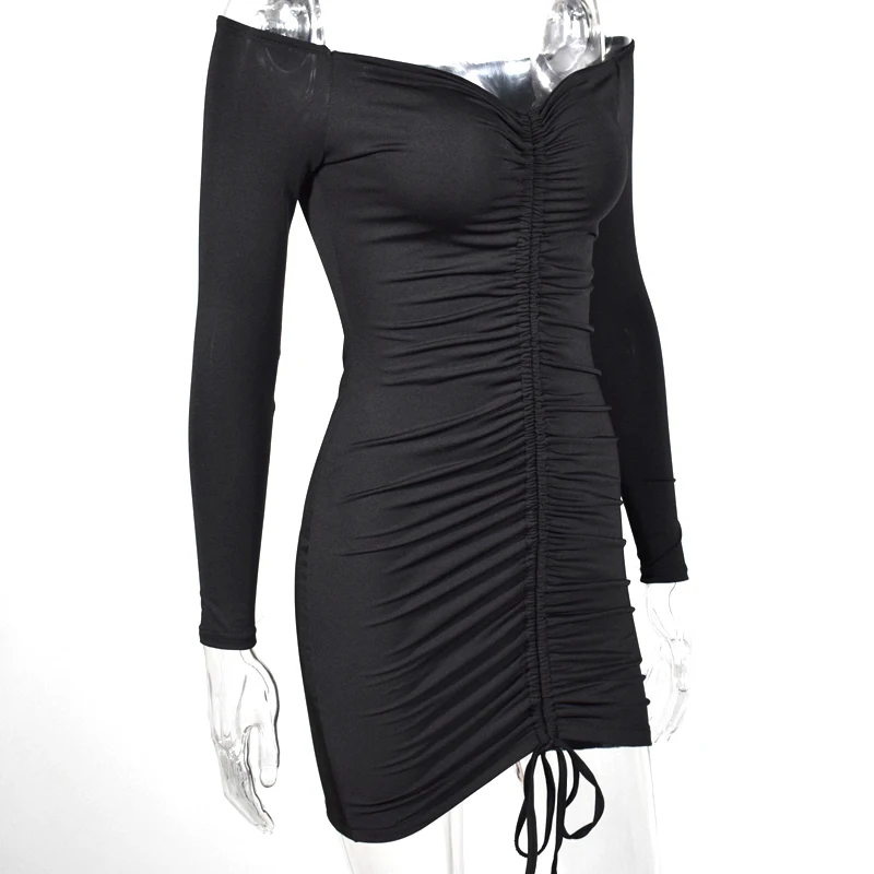 Невозьму 2 слоя осеннее платье Для женщин с открытыми плечами Drawstring Ruched Bodycon платье женские вечерние Клубные пикантные зимнее платье