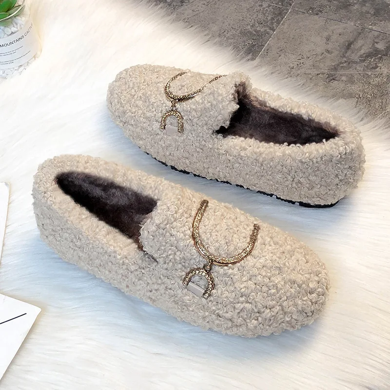 

Autumn lambswool flats moccasins femme slip on plush winter ladies shoes curly furry loafers women creepers zapatos plus size 43