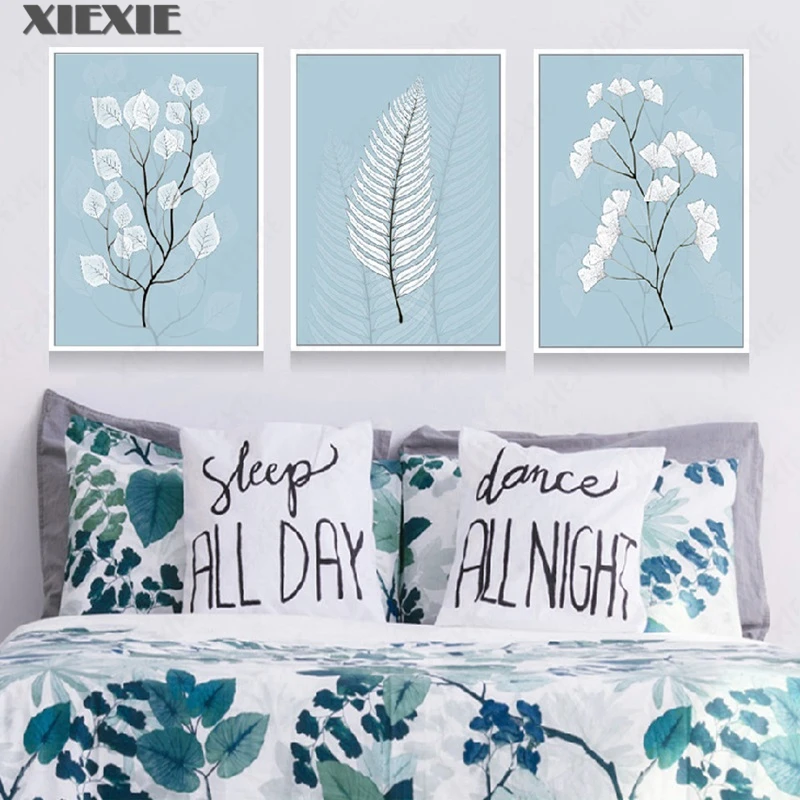 

Nordic Simplicity White Leaves Canvas Painting Light Blue Wall Art Poster Prints Picture for Living Room Home Decor
