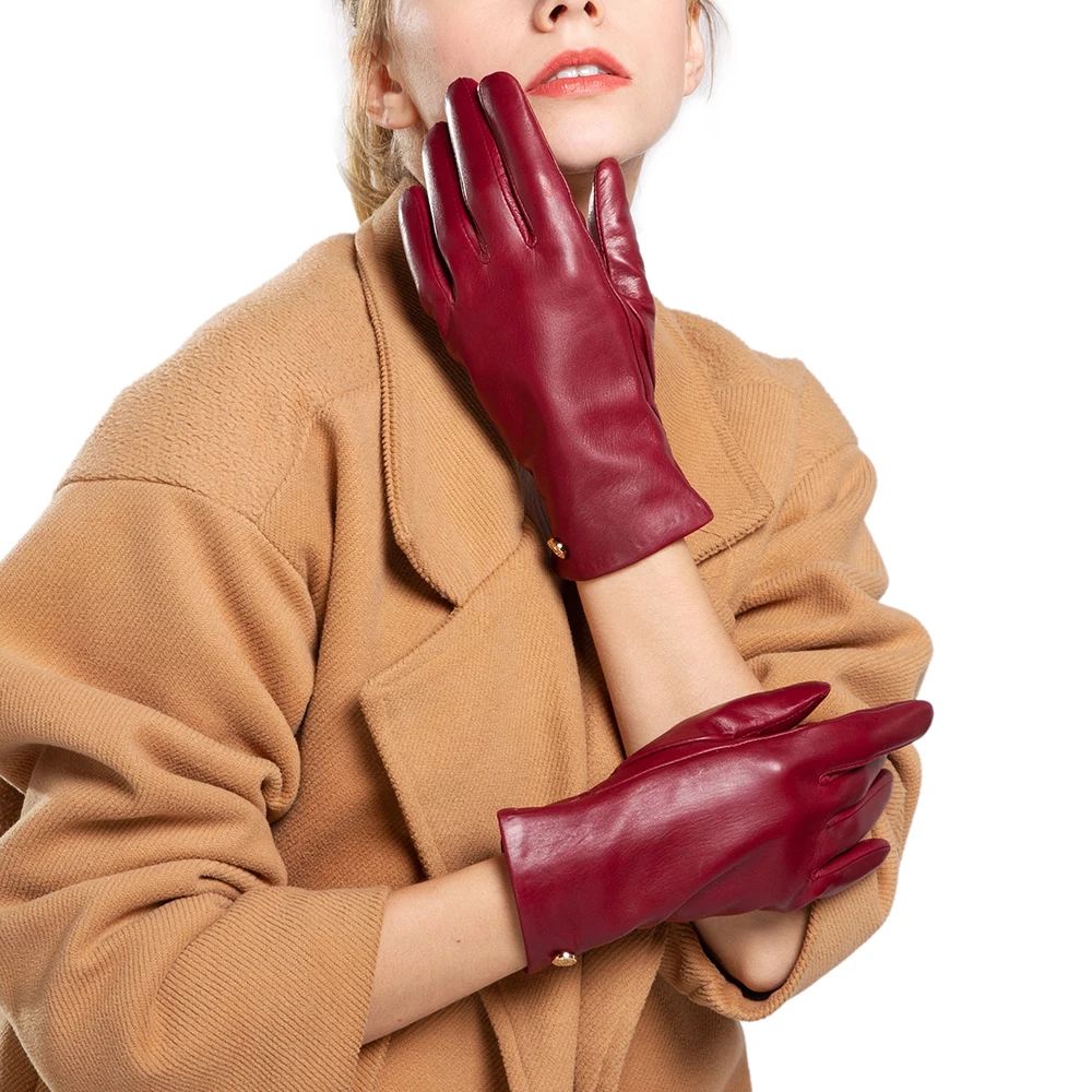 Модные темно красные зимние перчатки FEIQIAOSH из натуральной кожи для женщин