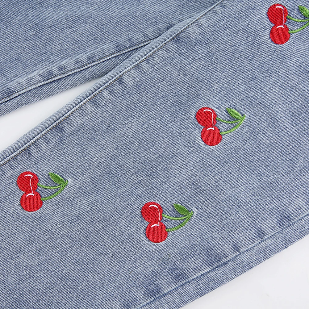 

2020 Fashion Cherry Embroidery Blue Denim Pants Women Casual Sweat High Waist Jeans Long Trousers Ladies Skinny Pocket Joggers