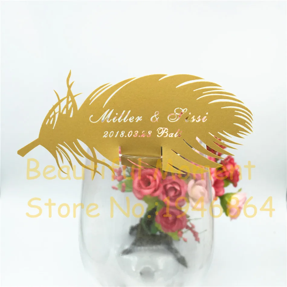 60pcs/lot Laser Cut-out Feather Wedding Decoration Birthday Party Cup Card Table Name Wine Food Guest Seats Place Cards Favor