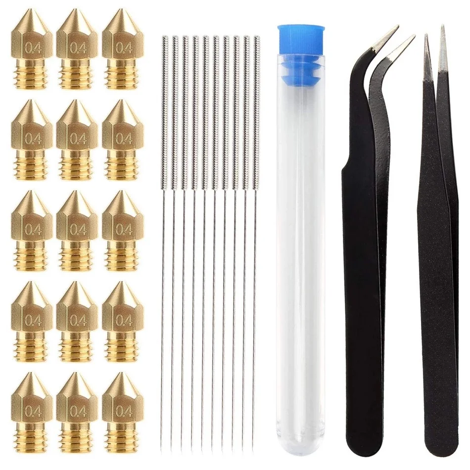 

1 Set 15pcs 0.4MM MK8 Extruder Nozzles 10pcs Cleaning Needles 2pcs Tweezers 1pc Storage Box for Makerbot CR-10 M6 Thread