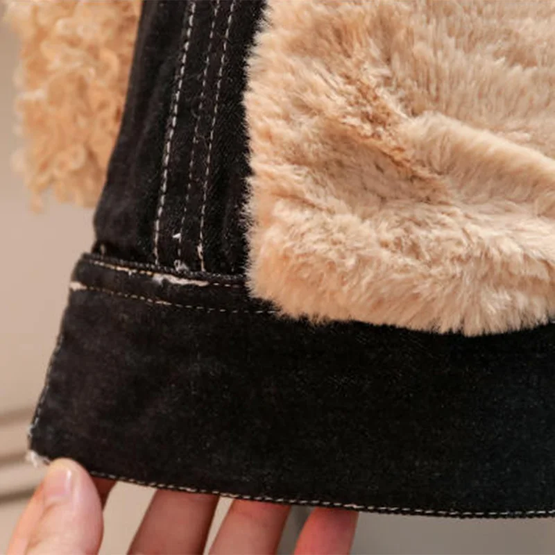 Женское теплое мягкое меховое пальто джинсовая черная куртка плюшевое