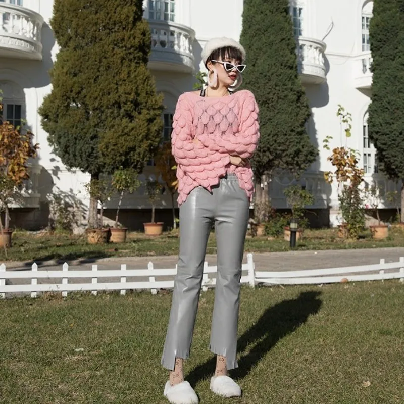 Весенние облегающие брюки из овечьей кожи кожаные женские однотонные до