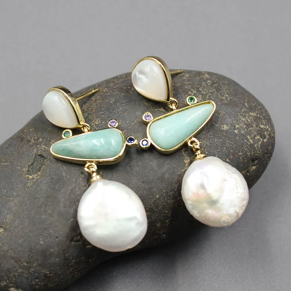 

GG Jewelry Natural White Coin Freshwater Pearl Aventurine White Shell Dangle Earrings gold color plated geometric earrings