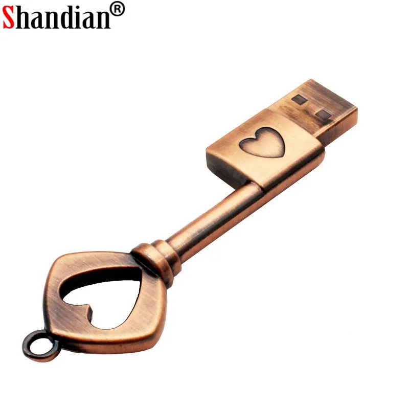 SHANDIAN copper love heart shaped key usb flash drive pendrive pen 4gb 16gb 32gb 64GB metal keys memory Stick wedding gift | Компьютеры и