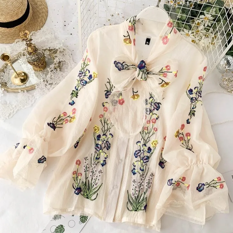 

Bow Retro Court Embroidered Shirt Women's Design French Lace-up Long Sleeve Loose Top blouse women camisas blusas mujer
