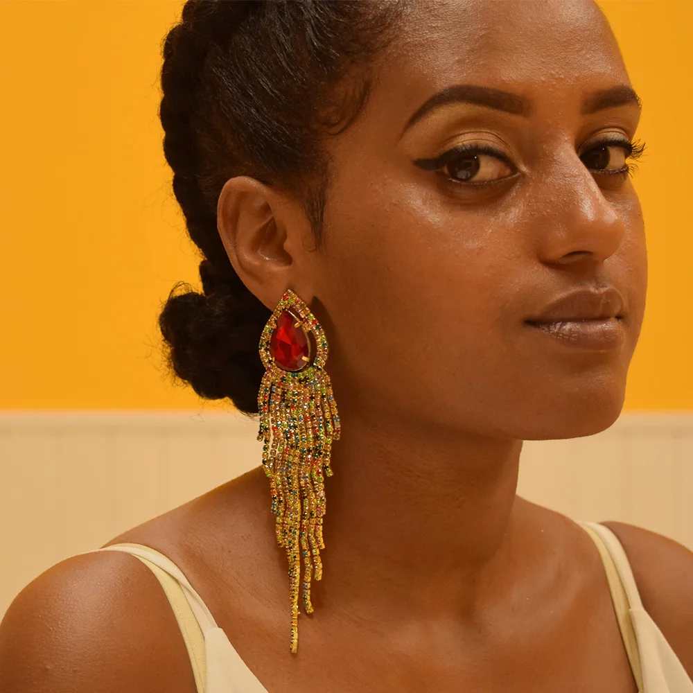 

big size Fashion rhinestone Big Tassel Earrings Statement Red Tassel Vintage Drop Dangle Earring for Women Jewelry