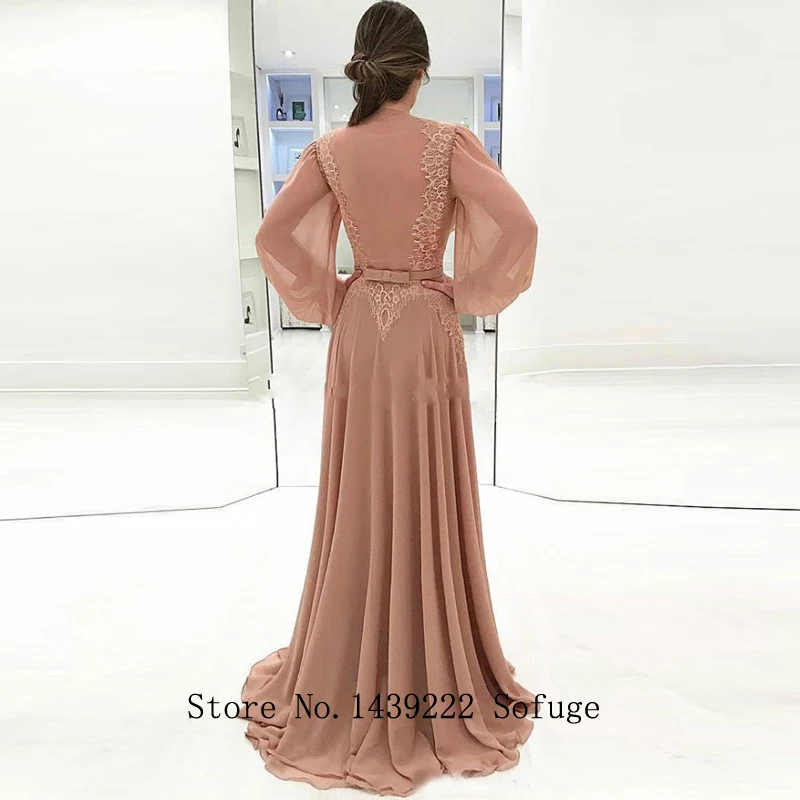 Champion Elegant Muslim Evening Dresses A-line Long Sleeves Chiffon Lace Sash Dubai Saudi Arabic Long Evening Party Prom Gown