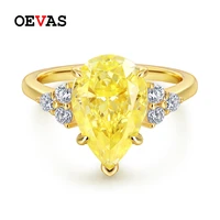 oevas 100 925 sterling silver yellow water drop high carbon diamond rings for women sparkling wedding party fine jewelry gift