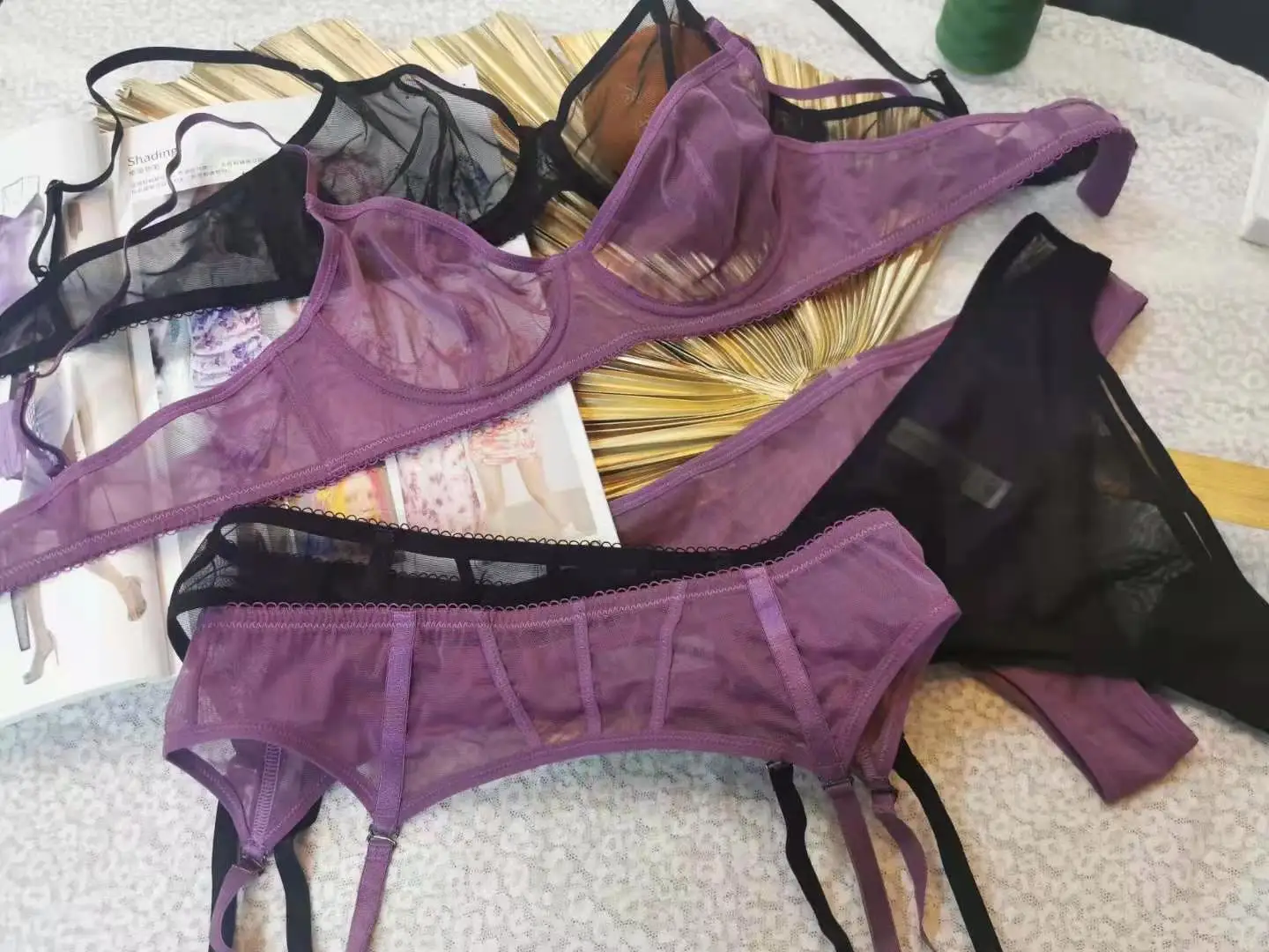 

Wriufred Sexy lingerie three-piece set mesh see-through bra panty set small chest gathered steel ring women underwear suit