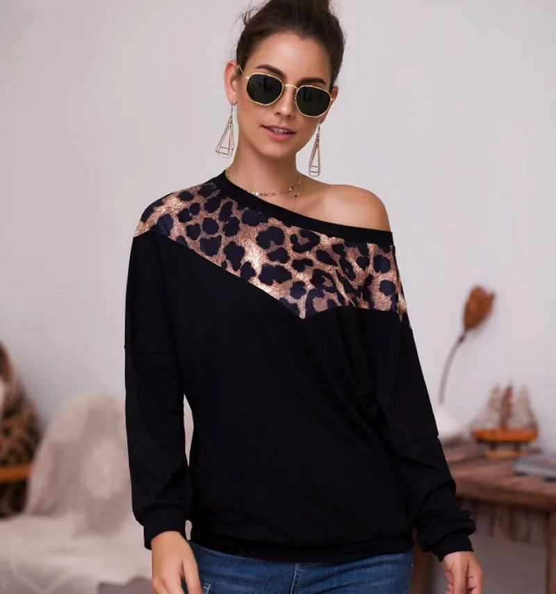 Women Long Sleeve T-Shirt Fashion Loose Thermal Leopard Patchwork Autumn Shirt Vintage Style Different Size For Choice | Женская одежда