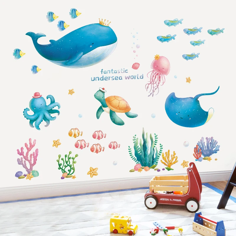 

Underwater World Cartoon Wall Stickers for Kids rooms Nursery Bathroom Tile Wall Decor Waterproof Removable Vinyl Wall Decals